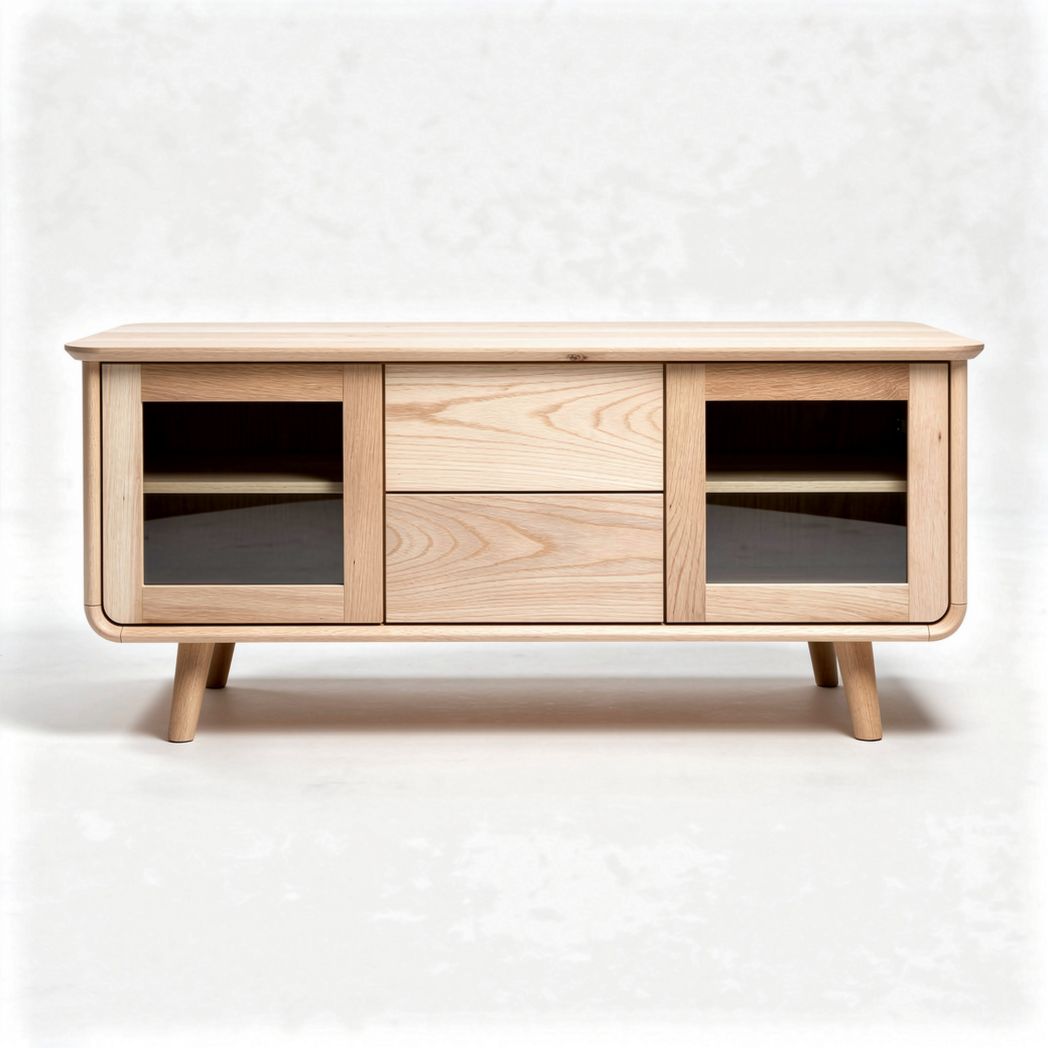 Wooden TV stand with glass doors and open shelving 100 x 45 x 40cm