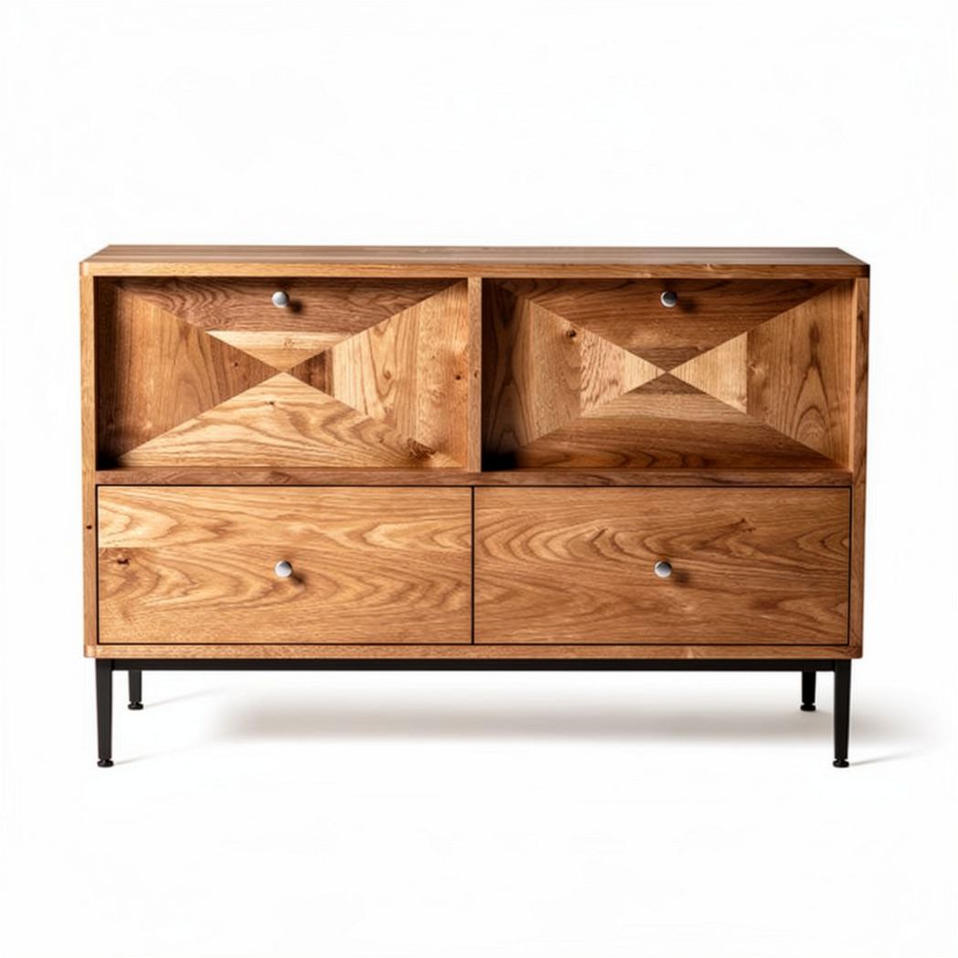 Wooden console table with geometric design and metal legs 75 x 40 x 85cm