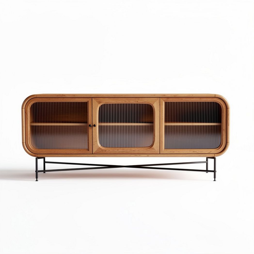 Wooden sideboard with glass sliding doors and metal legs 150 x 40 x 70cm