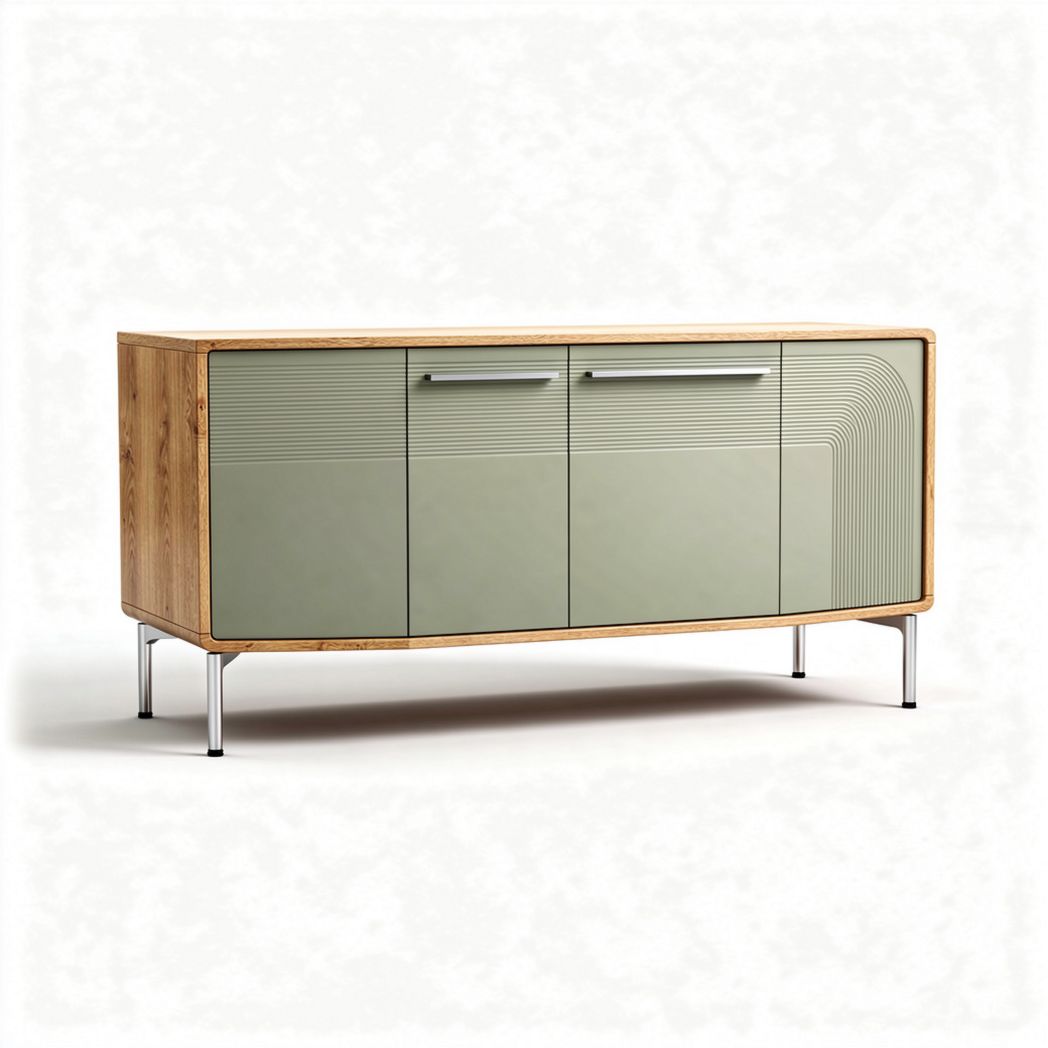 Wooden sideboard with green glass doors and metal legs 150 x 40 x 70cm