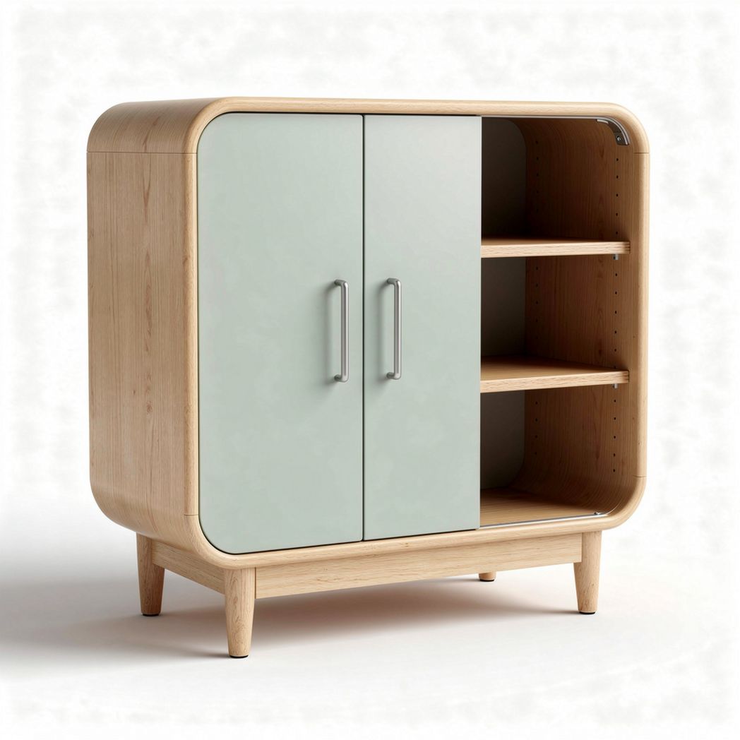Wooden storage cabinet with sliding doors and open shelves 80 x 40 x 90cm
