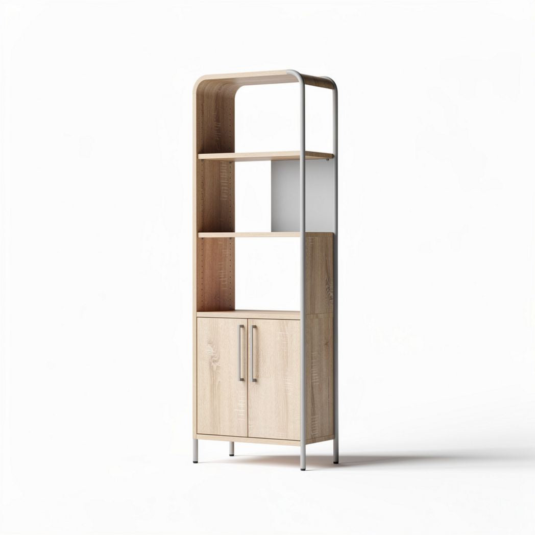 Wood and metal storage cabinet with open shelves and two doors 40 x 30 x 180cm