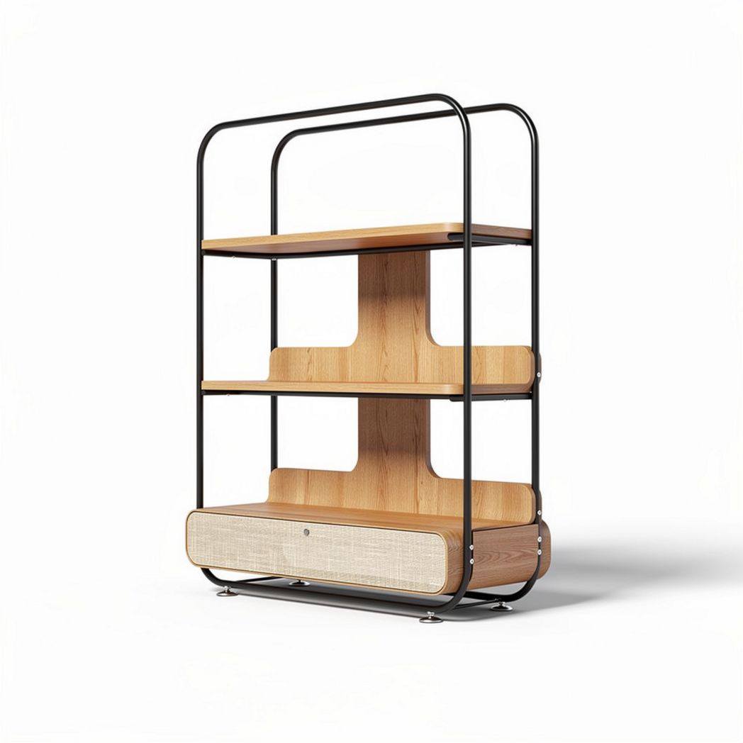 Wooden and metal shelving unit with three tiers and storage drawer 150 x 80 x 40cm