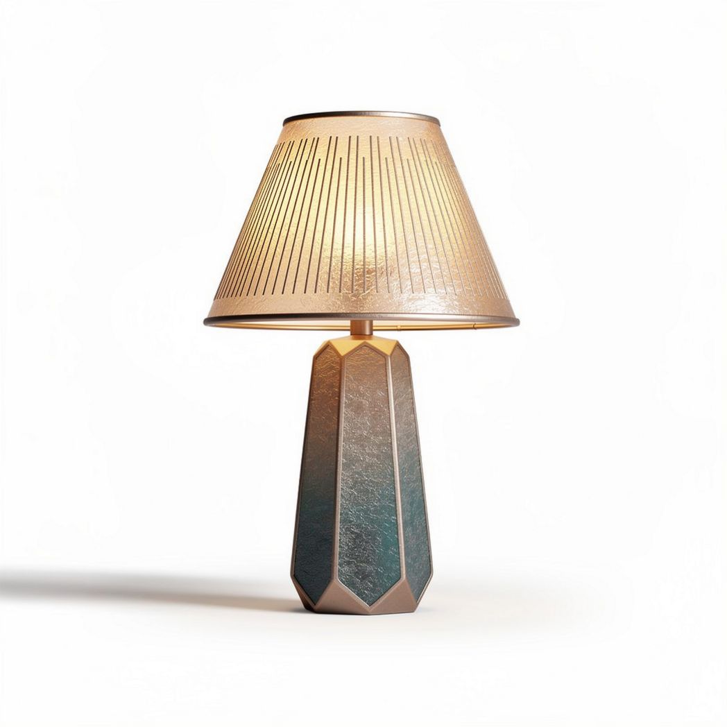 Geometric table lamp with textured glass shade and teal base 30 x 30 x 50cm