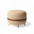 Beige upholstered ottoman with leather accent and metal legs 50 x 50 x 40cm