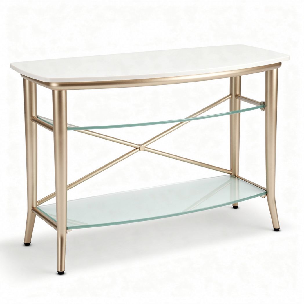 Console table with white top and glass shelves in gold metal frame 90 x 30 x 75cm
