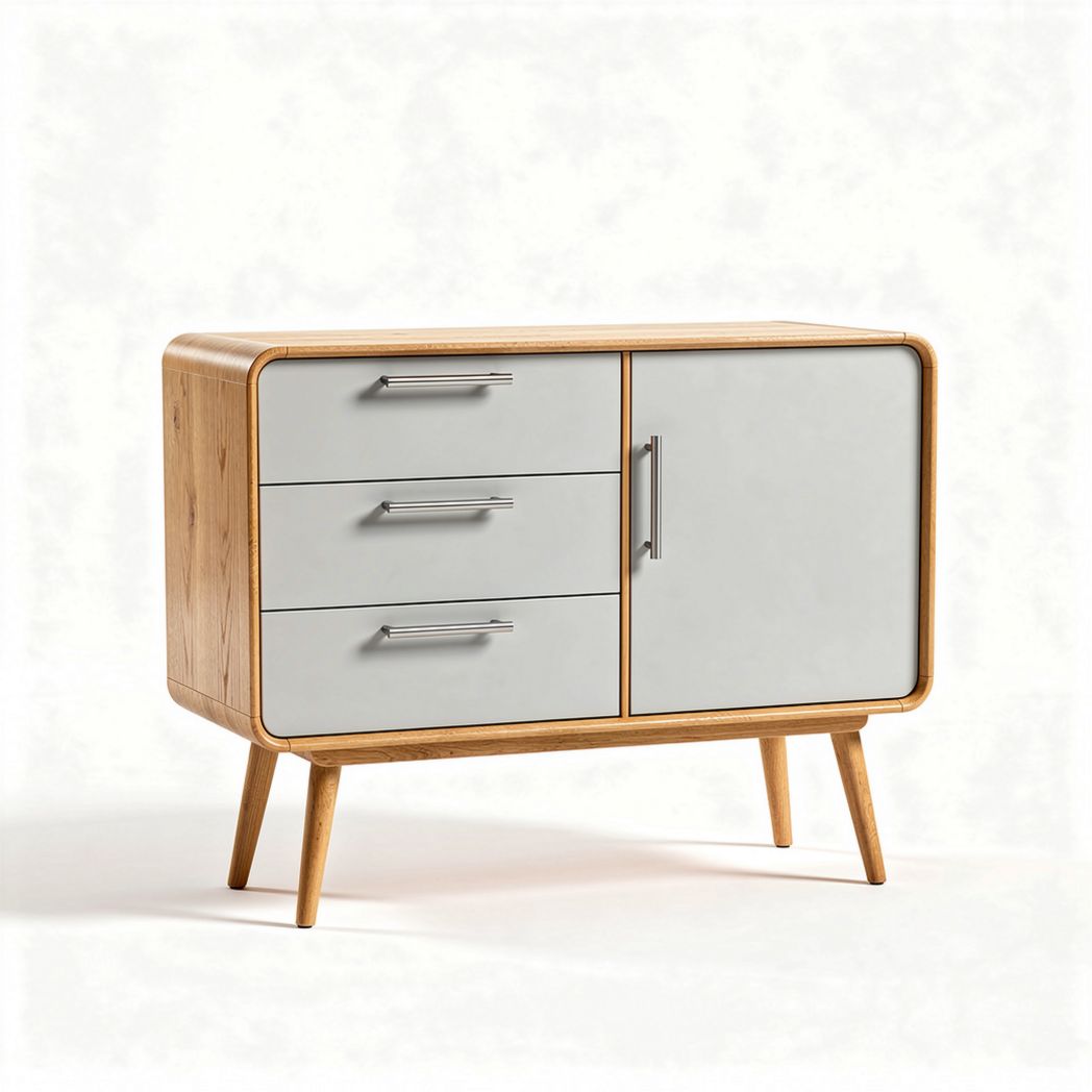 Wooden sideboard with three drawers and one cabinet in light gray 80 x 40 x 70cm